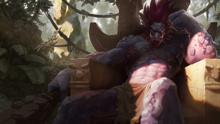abs amazing beard biceps chair clothed clothing colored day detailed detailed_background digital_drawing_(artwork) digital_media_(artwork) facial_hair front_view hair hi_res humanoid jungle league_of_legends light loincloth looking_at_viewer male manly melee_weapon mitchell_malloy muscular navel official_art outside partially_clothed pecs portrait purple_skin red_hair riot_games serratus shaded sitting solo teeth three-quarter_portrait troll trundle tusks video_games weapon