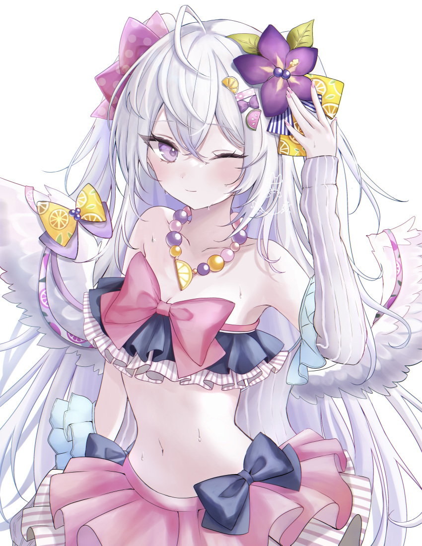 1girl absurdres ahoge azusa_(blue_archive) azusa_(swimsuit)_(blue_archive) bare_shoulders bead_necklace beads blue_archive blush bow breasts cleavage collarbone commentary_request detached_sleeves double-parted_bangs flower hair_flower hair_ornament highres jewelry klee-on long_eyelashes long_hair navel necklace official_alternate_costume one_eye_closed pink_nails purple_eyes simple_background sleeves_past_wrists solo stomach white_background white_hair