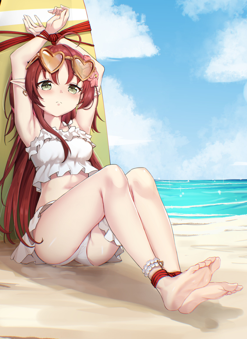 1girl absurdres arknights armpits arms_up barefoot beach bikini bikini_skirt blue_sky bound breasts cloud commentary commission day earrings eyewear_on_head feet flower frilled_bikini frills green_eyes hair_flower hair_ornament heart heart-shaped_eyewear heart_earrings highres jewelry long_hair medium_breasts myrtle_(arknights) myrtle_(summer_flowers)_(arknights) navel ocean official_alternate_costume pointy_ears restrained sky soles solo stomach sunglasses swimsuit tetsuffy_(tetsulul) toes white_bikini