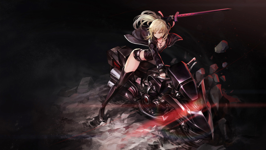 artoria_pendragon_(all) black_footwear black_gloves black_legwear blonde_hair boots breasts camisole cleavage commentary crop_top dark_excalibur fate/grand_order fate_(series) fingerless_gloves gloves goomrrat ground_vehicle highres jacket jewelry long_hair long_legs long_sleeves midriff motor_vehicle motorcycle necklace on_motorcycle open_clothes open_jacket outstretched_arms pendant ponytail saber_alter short_shorts shorts small_breasts solo thigh_boots thighhighs yellow_eyes