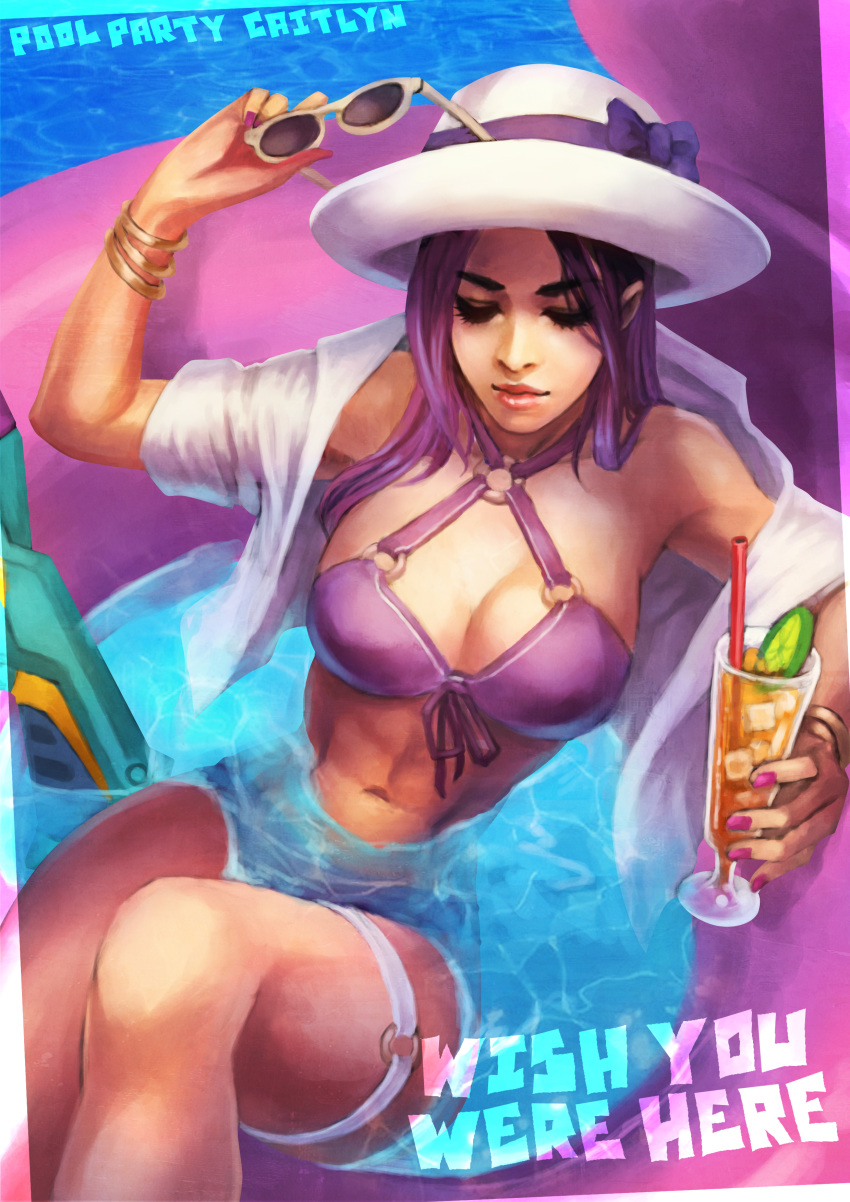 absurdres alternate_costume alternate_hair_color bangle bracelet breasts caitlyn_(league_of_legends) cleavage closed_eyes cocktail commentary english_commentary eyewear_removed floating front-tie_bikini front-tie_top hat highres holding holding_eyewear innertube jewelry league_of_legends lips long_hair medium_breasts monori_rogue navel o-ring o-ring_bikini o-ring_swimsuit open_clothes open_shirt partially_submerged pool pool_party_caitlyn purple_hair solo stomach sun_hat sunglasses swimsuit thigh_strap toned wish_you_were_here