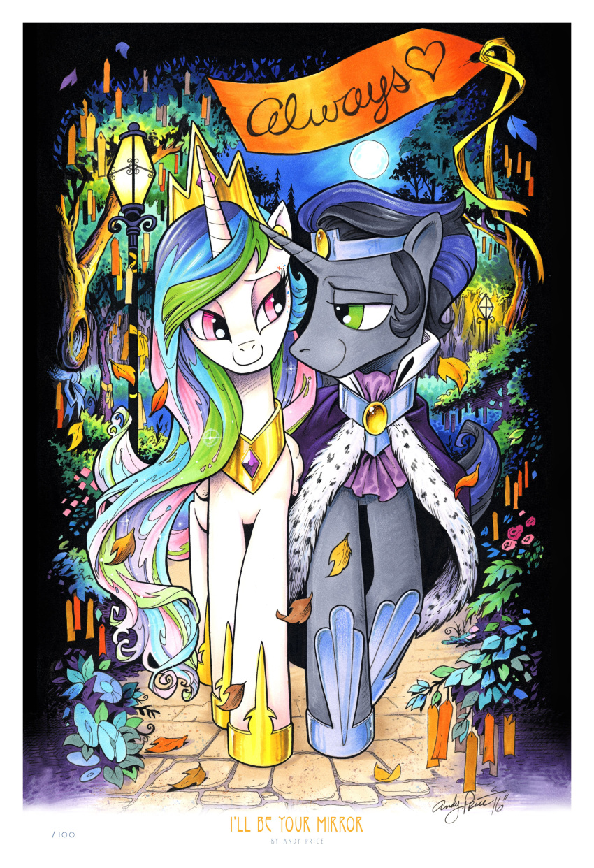 &lt;3 2016 absurd_res alternate_universe andypriceart black_hair blue_hair border cape clothing crown english_text equine eye_contact eyelashes eyeshadow feathered_wings feathers female feral folded_wings friendship_is_magic good_king_sombra_(idw) green_eyes hair half-closed_eyes hi_res hooves horn king_sombra_(mlp) leaves long_hair love makeup male male/female mammal mascara moon mostly_nude multicolored_hair my_little_pony night nude outside princess_celestia_(mlp) purple_eyes rainbow_hair royalty signature sky smile street_lamp text tree two_tone_hair unicorn walking white_border white_feathers winged_unicorn wings