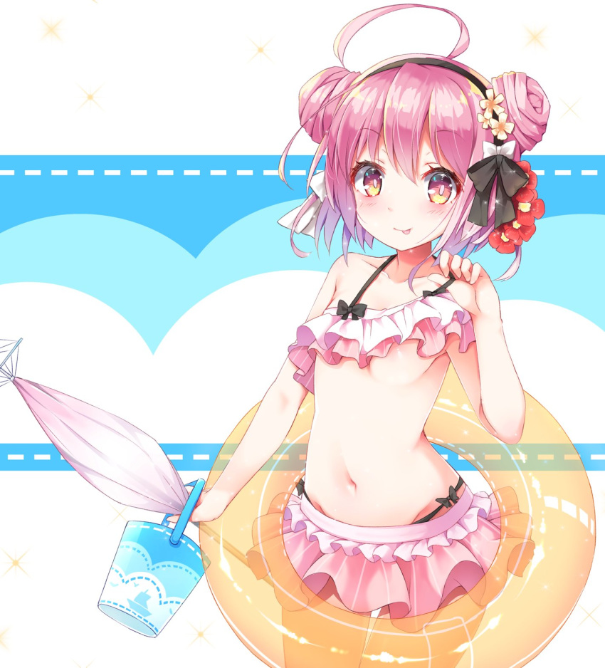 :p ahoge areola_slip areolae azur_lane bikini bikini_lift bikini_skirt breasts bucket commentary cowboy_shot flower hair_bun hair_flower hair_ornament hairband highres karaage3 navel parasol pink_eyes pink_hair saratoga_(azur_lane) small_breasts solo swimsuit tongue tongue_out umbrella