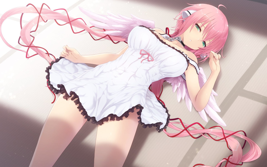 ahoge angel_wings aqua_eyes breasts cait chain collar commentary_request cowboy_shot dress dutch_angle highres ikaros large_breasts long_hair lying on_back pink_hair ribbon solo sora_no_otoshimono twintails very_long_hair wings