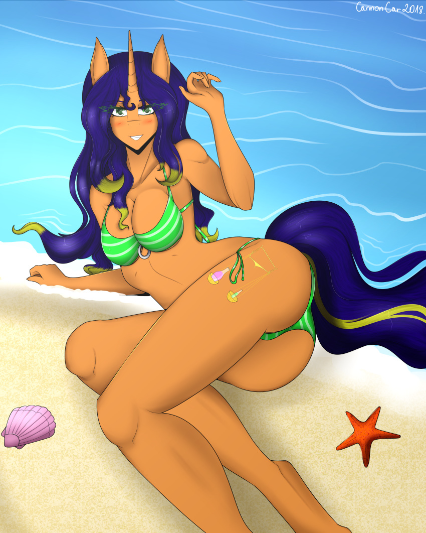 anthro beach bikini blush butt cannon_car clothing digital_media_(artwork) equine female hair horn mammal mira multicolored_hair my_little_pony seaside smile solo swimsuit two_tone_hair unicorn