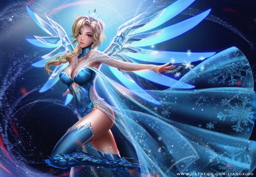 blonde_hair blue_eyes boots breasts cleavage commentary cosplay crown dress elsa_(frozen) elsa_(frozen)_(cosplay) english_commentary frozen_(disney) high_heel_boots high_heels ice ice_wings large_breasts liang_xing mercy_(overwatch) overwatch snowflakes solo thighhighs wings zettai_ryouiki