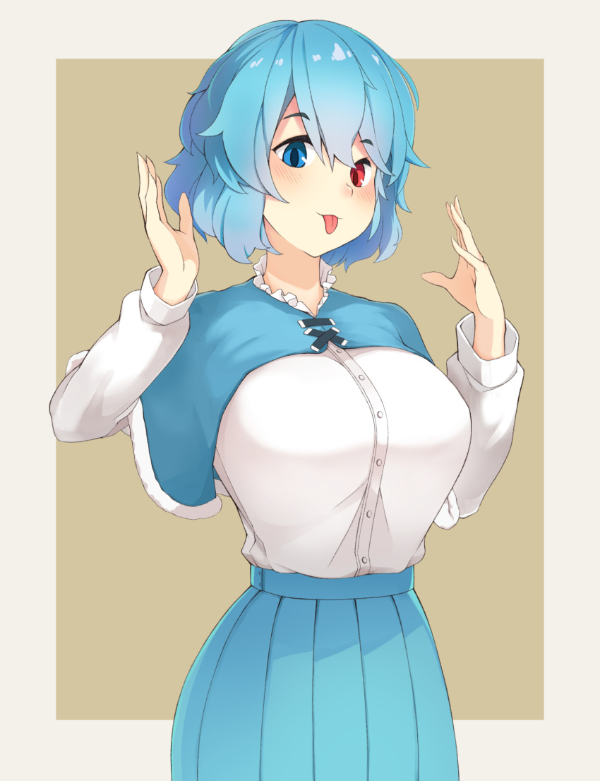 :3 :p bad_id bad_pixiv_id banned_artist beige_border bimuri blue_capelet blue_eyes blue_hair blue_skirt blush breasts capelet commentary cowboy_shot eyebrows_visible_through_hair hair_between_eyes hands_up heterochromia highres huge_breasts long_sleeves looking_at_viewer pleated_skirt red_eyes shirt short_hair simple_background skirt smile solo standing tatara_kogasa tongue tongue_out touhou white_shirt yellow_background