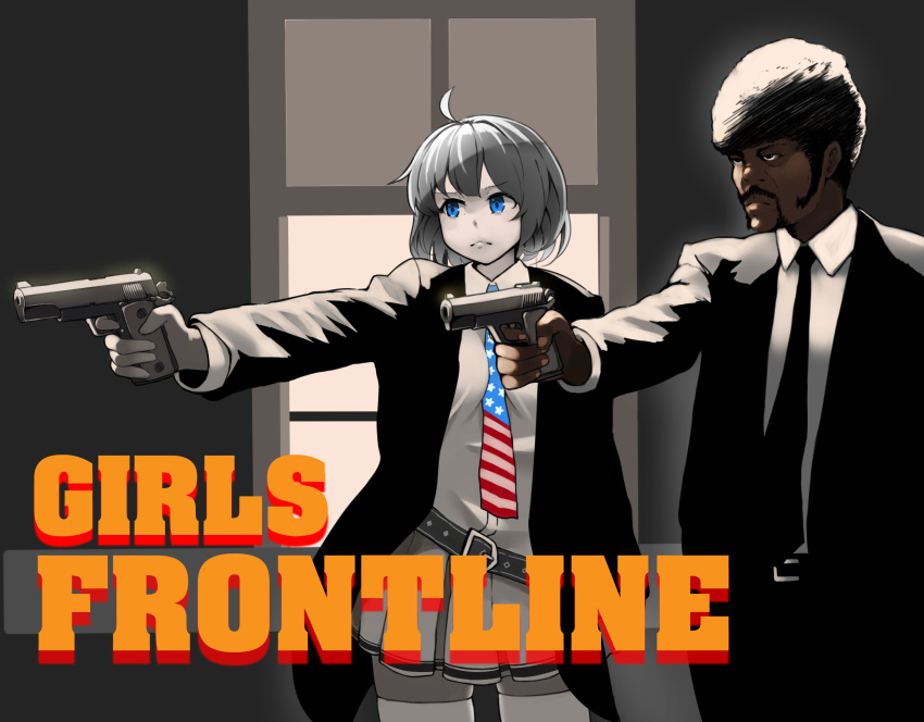 1girl afro ahoge aiming american_flag american_flag_print bangs belt between_breasts black_hair blue_eyes breasts closed_mouth coat collared_shirt commentary copyright_name crossover dark_skin english_commentary finger_on_trigger fingernails flag_print girls_frontline grey_hair gun handgun highres holding holding_gun holding_weapon jacket kion-kun lips logo_parody long_sleeves m1911 m1911_(girls_frontline) necktie necktie_between_breasts open_clothes open_coat parody pistol pleated_skirt pulp_fiction samuel_l_jackson serious shirt short_hair skirt spot_color star_model_b thighhighs very_dark_skin weapon window wing_collar