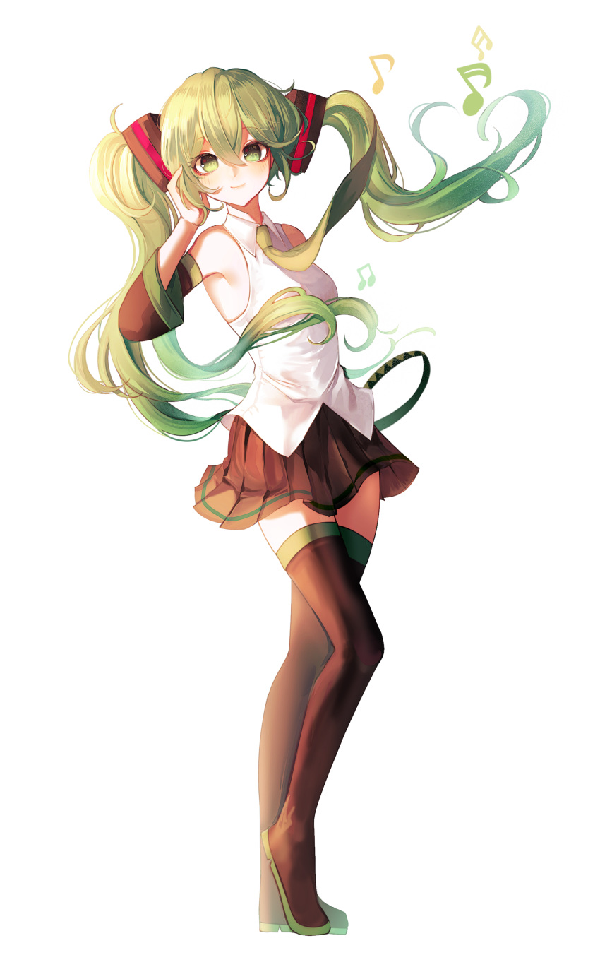 absurdres bangs bare_shoulders black_footwear black_legwear black_skirt blush boots closed_mouth detached_sleeves eyebrows_visible_through_hair floating_hair full_body green_eyes green_hair green_neckwear hair_between_eyes hatsune_miku highres humming long_hair looking_at_viewer musical_note necktie plus_heart shirt simple_background skirt sleeveless smile solo standing thigh_boots thighhighs twintails very_long_hair vocaloid white_background white_shirt wide_sleeves zettai_ryouiki