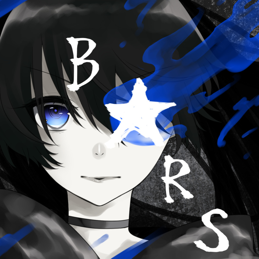 black_hair black_rock_shooter black_rock_shooter_(character) blue_eyes burning_eye choker highres kihen_asuka lips long_hair pale_skin solo spot_color twintails