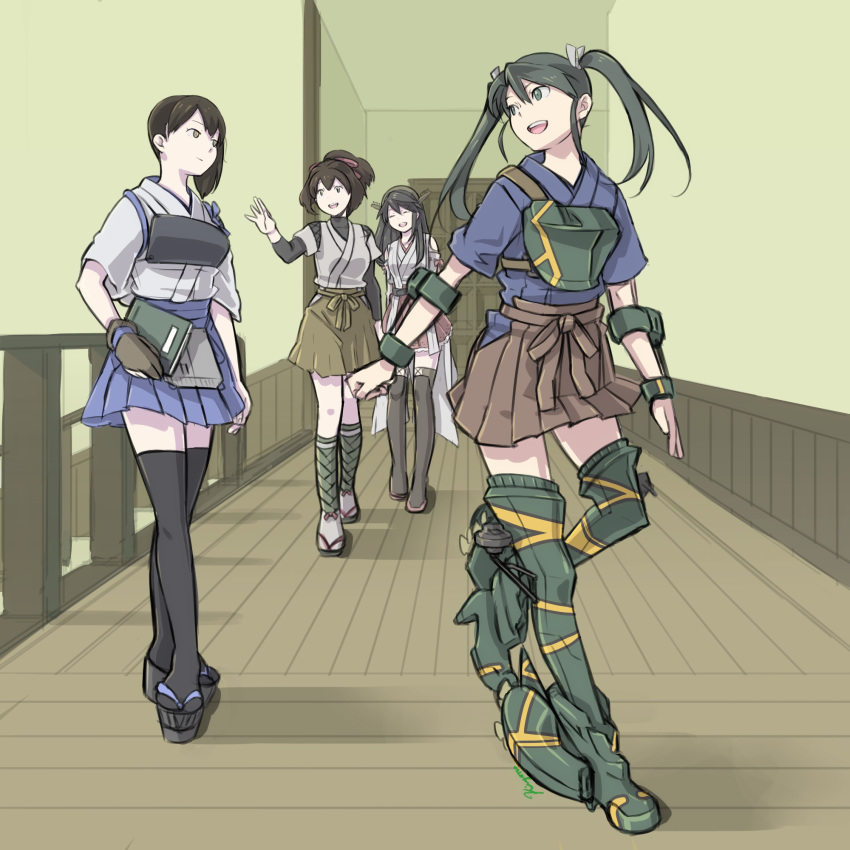 bare_shoulders black_hair boots brown_eyes brown_hair brown_hakama commentary detached_sleeves flat_color green_hair hair_ornament hair_ribbon hairband hairclip hakama hallway haruna_(kantai_collection) headgear highres ise_(kantai_collection) japanese_clothes kaga_(kantai_collection) kantai_collection kiyono_(hemlock_kiyono) long_hair multiple_girls muneate nontraditional_miko ponytail remodel_(kantai_collection) ribbon ribbon-trimmed_sleeves ribbon_trim rudder_shoes sandals side_ponytail sketch skin_tight skirt tasuki thigh_boots thighhighs trait_connection twintails undershirt zettai_ryouiki zuikaku_(kantai_collection)