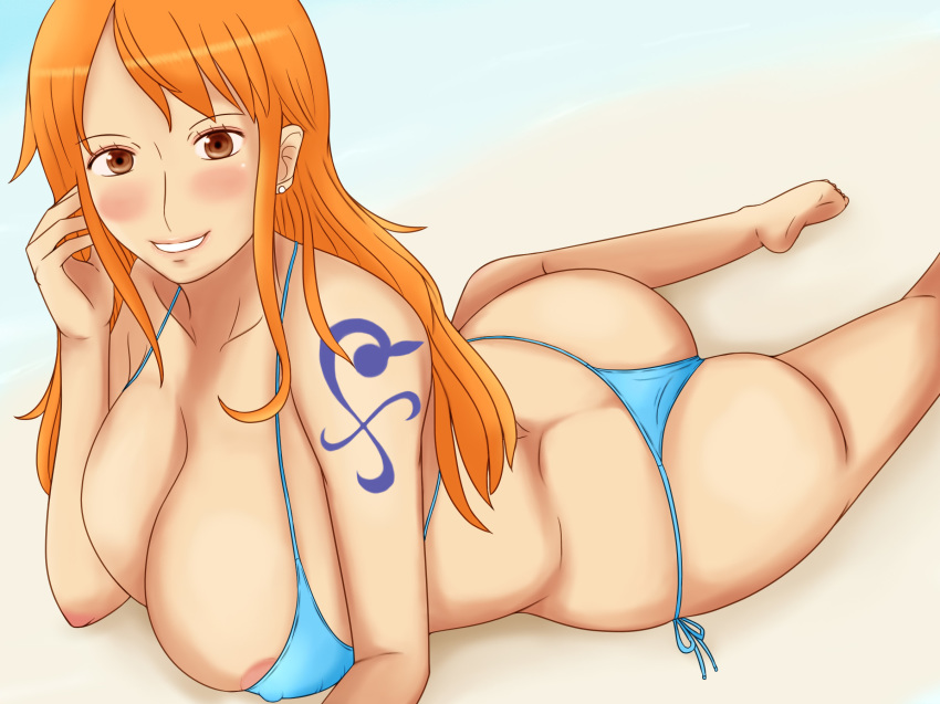 1girl ass bare_shoulders bent_over bikini blush bracelet breasts cleavage curvy female flower hips huge_ass huge_breasts jewelry large_breasts long_hair momo_765 nami_(one_piece) nipples one_piece open_mouth orange_hair solo swimsuit tattoo teeth thick_thighs thighs tongue wide_hips