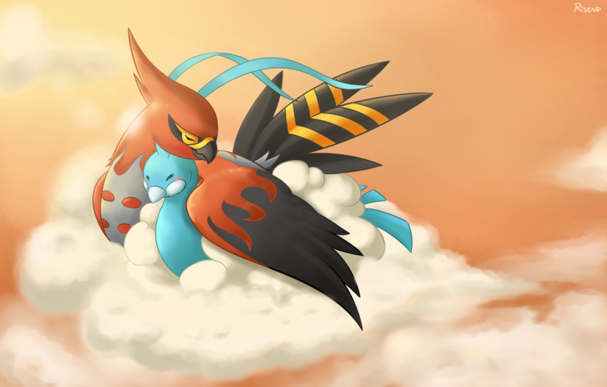 altaria avian bird cloud cuddling cute duo feral hug nintendo pok&eacute;mon pok&eacute;mon_(species) risenpaw sky talonflame video_games