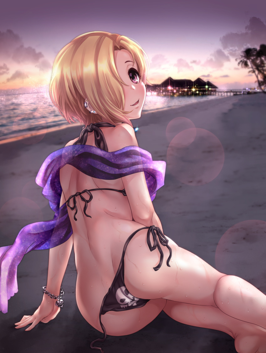 arm_support ass back beach beach_house bikini black_bikini blonde_hair blush bracelet cloud cloudy_sky commentary_request ear_piercing from_behind highres idolmaster idolmaster_cinderella_girls jewelry lens_flare looking_at_viewer looking_back open_mouth palm_tree piercing print_bikini red_eyes shawl shirasaka_koume short_hair side-tie_bikini skull_bracelet skull_print sky solo sparkle swimsuit tdnd-96 tree