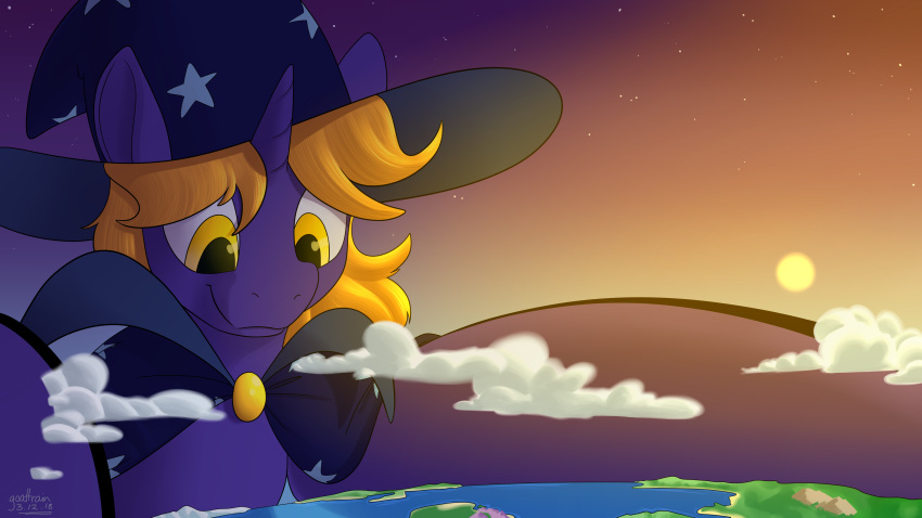 cape clothing cloud colossal continent cosmos equine feral giga goattrain hair hat hooves horn horse implied_death implied_destruction invalid_tag larger_male looming macro magic magic_user male mammal mega mountain my_little_pony planet sea size_difference star star_bright water wizard_hat