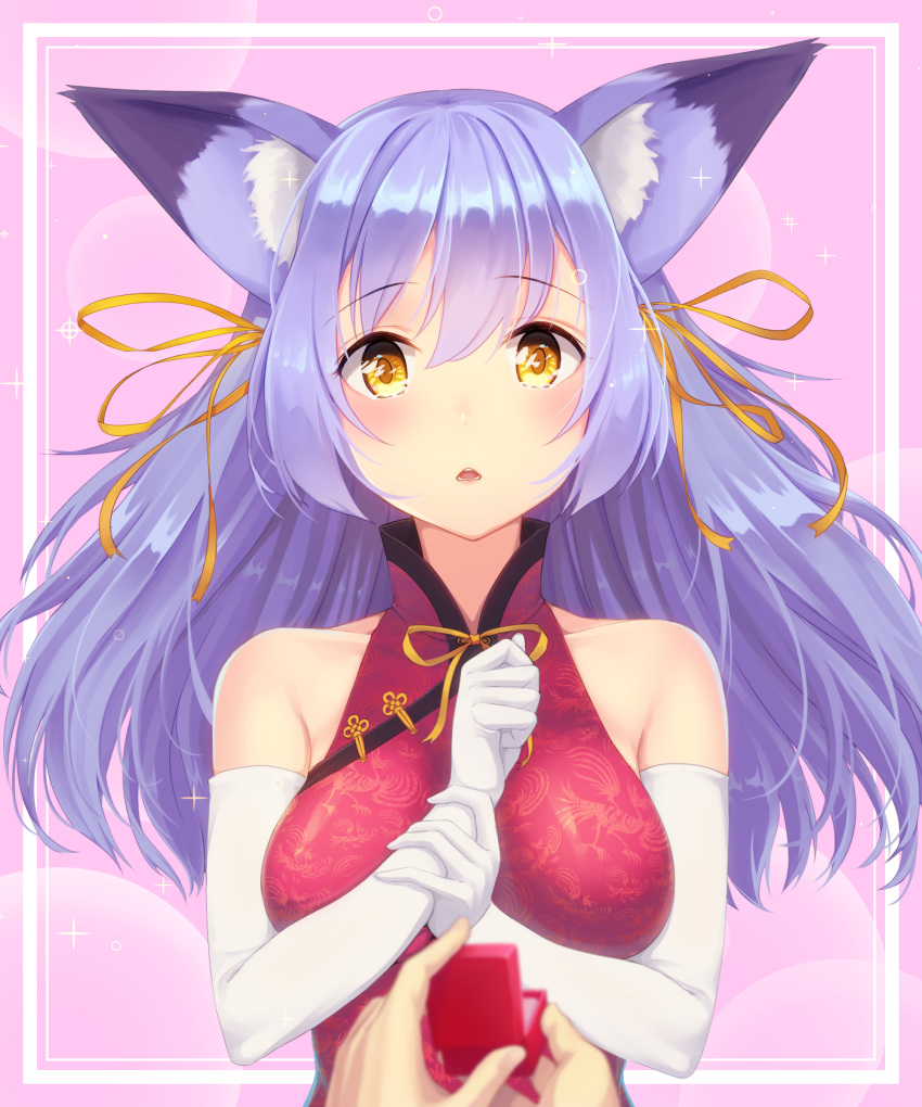 absurdres animal_ears blush box breasts cat_ears china_dress chinese_clothes confession dress gloves highres jewelry kkommy large_breasts long_hair looking_at_viewer open_mouth original out_of_frame pink_background pov pov_hands proposal purple_hair ribbon ring solo_focus teeth upper_body wedding_ring white_gloves yellow_eyes