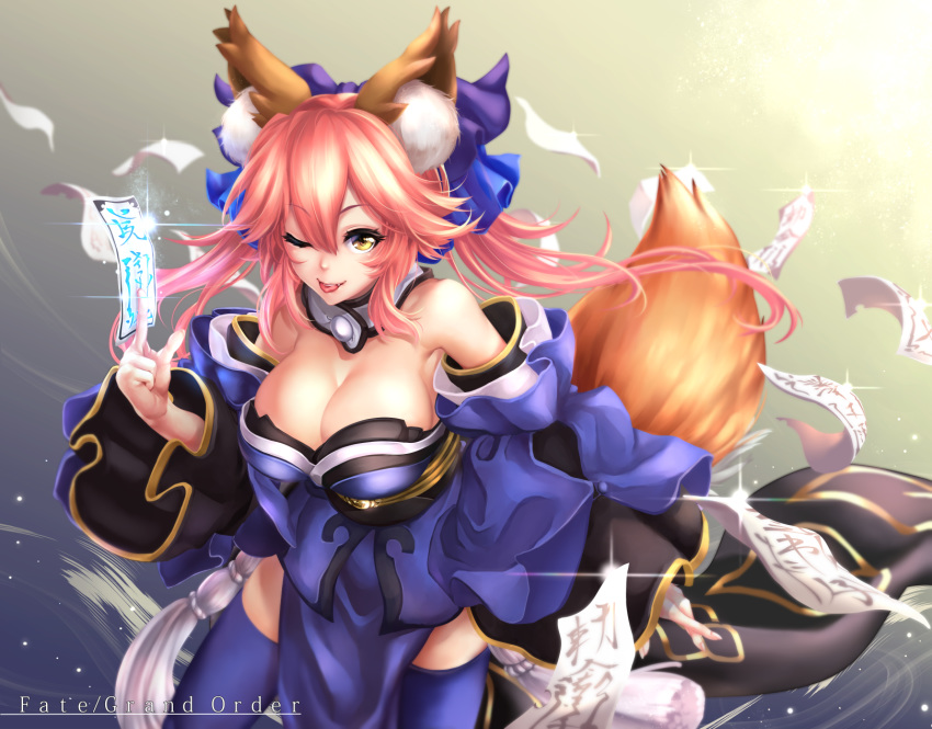 ;p animal_ear_fluff animal_ears blue_ribbon breasts cleavage commentary_request copyright_name fang fate/grand_order fate_(series) fox_ears fox_tail hair_ribbon highres japanese_clothes large_breasts ofuda one_eye_closed pink_hair ribbon solo tail tamamo_(fate)_(all) tamamo_no_mae_(fate) tdnd-96 teeth thighhighs tongue tongue_out yellow_eyes