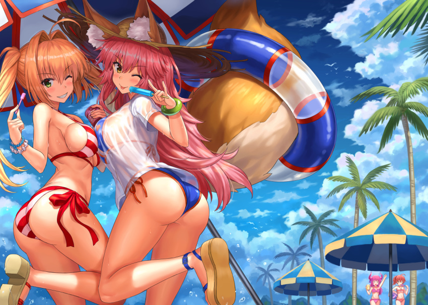 ahoge animal_ear_fluff animal_ears ass asymmetrical_horns beach_umbrella bead_bracelet beads bikini bikini_under_clothes blue_bikini blue_sky bracelet breasts brilliant_summer cleavage commentary_request criss-cross_halter curled_horns day dragon_girl dragon_horns earrings ears_through_headwear elizabeth_bathory_(fate)_(all) fate/grand_order fate_(series) food fox_ears fox_shadow_puppet fox_tail fujimaru_ritsuka_(female) green_eyes hair_intakes hair_ornament hair_scrunchie halter_top halterneck hat horns ice innertube jewelry large_breasts long_hair looking_at_viewer multiple_girls navel nero_claudius_(fate)_(all) nero_claudius_(swimsuit_caster)_(fate) npcpepper ocean one_eye_closed orange_hair orange_scrunchie palm_tree parasol pink_hair red_bikini scrunchie shirt side-tie_bikini side_ponytail sky straw_hat striped striped_bikini swimsuit tail tamamo_(fate)_(all) tamamo_no_mae_(swimsuit_lancer)_(fate) tongue tree twintails umbrella very_long_hair wet wet_clothes wet_shirt wet_t-shirt yellow_eyes