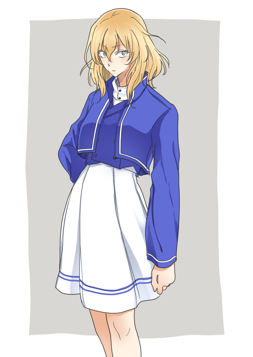 absurdres adapted_uniform bangs bc_freedom_military_uniform blonde_hair blue_eyes blue_jacket blue_vest closed_mouth commentary dress_shirt eyebrows_visible_through_hair girls_und_panzer grey_background hand_on_hip high-waist_skirt high_collar highres jacket kani_aruki_(bucket_crawl) light_frown long_sleeves looking_at_viewer medium_hair medium_skirt messy_hair military military_uniform oshida_(girls_und_panzer) outside_border pleated_skirt shirt skirt solo standing uniform vest white_shirt white_skirt