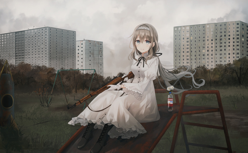 blonde_hair bottle check_commentary chihuri cloud cloudy_sky commentary commentary_request dress flower gloves grass gun hairband highres holding holding_gun holding_weapon long_hair looking_at_viewer m44_carbine original outdoors playground rifle sitting sky slide solo swing_set tree trigger_discipline weapon