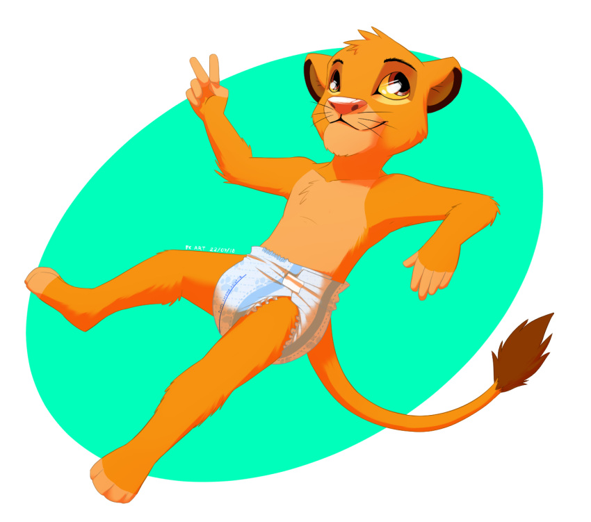 anthro cub diaper disney feline furrychrome lion lying male mammal peace_(disambiguation) simba smile solo the_lion_king young