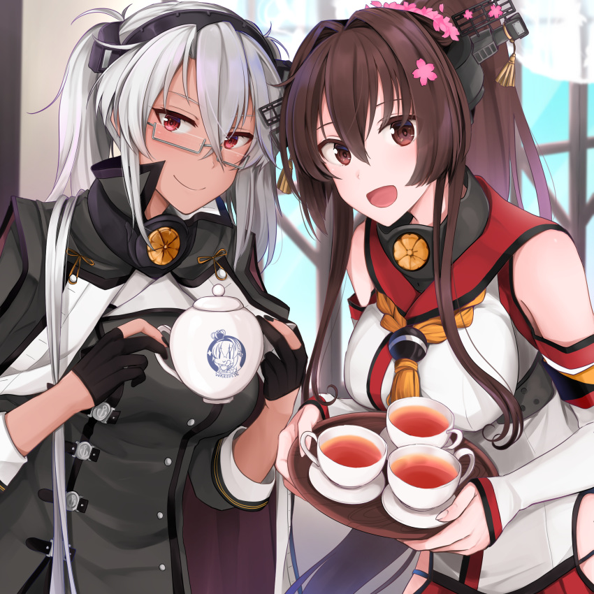 alternate_hairstyle black_cape brown_eyes brown_hair cape cherry_blossoms commentary_request cup dark_skin fingerless_gloves flower glasses gloves hair_flower hair_ornament headgear highres kantai_collection long_hair looking_at_viewer multiple_girls musashi_(kantai_collection) partly_fingerless_gloves ponytail red_eyes remodel_(kantai_collection) sakuramon semi-rimless_eyewear silver_hair smile tea tea_set teacup twintails upper_body warspite_(kantai_collection) window yamato_(kantai_collection) yunamaro