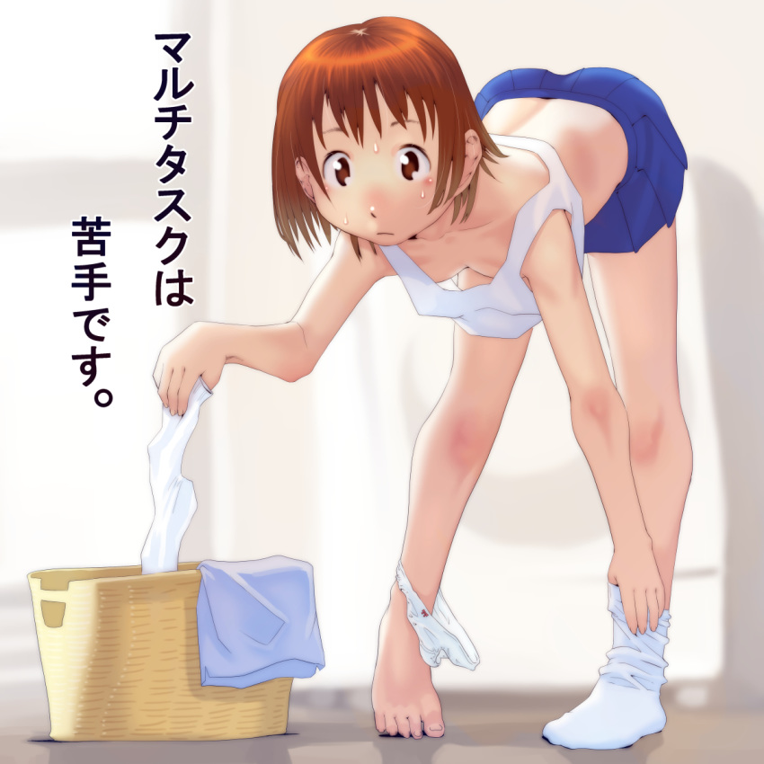1girl ass bangs barefoot blonde_hair blue_eyes blue_skirt breasts commentary_request downblouse full_body highres laundry laundry_basket leaning_forward looking_at_viewer miniskirt original panties panties_around_leg pleated_skirt shirt short_hair skirt small_breasts socks solo soon sweat tank_top text_focus toes translation_request underwear white_legwear white_panties white_shirt