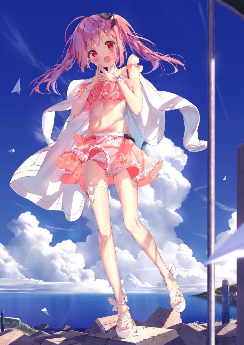 :d absurdres ahoge ankle_bow ankle_ribbon azur_lane bangs bare_shoulders bikini black_bow blue_sky blush bow cloud commentary daitai_sotogawa_(futomomo) day eyebrows_visible_through_hair feet hair_between_eyes hair_bow hands_up head_tilt highres horizon jacket long_hair looking_at_viewer navel ocean open_mouth outdoors paper_airplane pink_bikini pink_hair platform_footwear pole red_eyes ribbon sandals saratoga_(azur_lane) sky smile solo standing standing_on_one_leg steepled_fingers swimsuit thigh_bow toenails twintails water white_bow white_footwear white_jacket wrist_bow