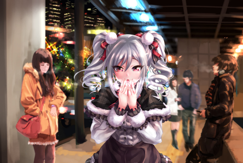 black_frills blurry breath capelet christmas commentary_request depth_of_field drill_hair frills hair_ribbon idolmaster idolmaster_cinderella_girls kanzaki_ranko pantyhose plaid red_eyes ribbon silver_hair tdnd-96 twin_drills twintails