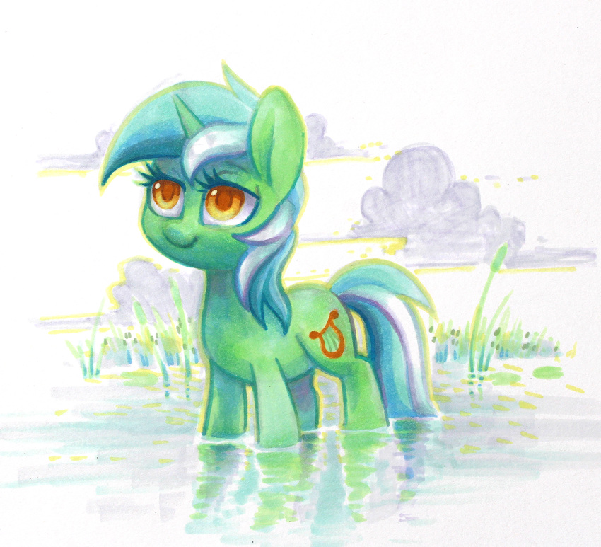 2017 amber_eyes cattail_(plant) celebi-yoshi cloud cute cutie_mark equine eyelashes female feral friendship_is_magic green_hair hair hi_res hooves horn lyra_heartstrings_(mlp) mammal marker_(artwork) multicolored_hair my_little_pony nude outside plant pond portrait simple_background smile solo standing traditional_media_(artwork) two_tone_hair unicorn water white_background white_hair