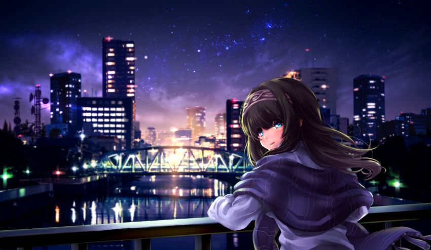 black_hair blue_eyes blush bridge city cityscape commentary_request from_behind highres idolmaster idolmaster_cinderella_girls light_smile long_hair looking_at_viewer looking_back night night_sky parted_lips railing reflection sagisawa_fumika sky solo star_(sky) starry_sky tdnd-96 water