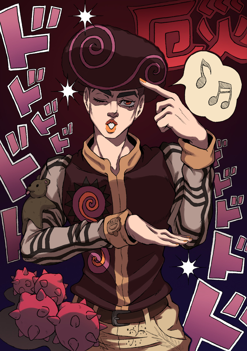 1boy absurdres afro belt black_hair brown_belt brown_shirt commentary_request eighth_note grey_sleeves highres jojo_no_kimyou_na_bouken jojolion kristallion locacaca makeup male_focus menacing_(jojo) musical_note obladi_oblada one_eye_closed open_mouth orange_eyes orange_lips orange_nails pants pointing pointing_at_self shirt solo spoken_musical_note stuffed_animal stuffed_toy teddy_bear tooru_(jojolion) undercut yellow_pants
