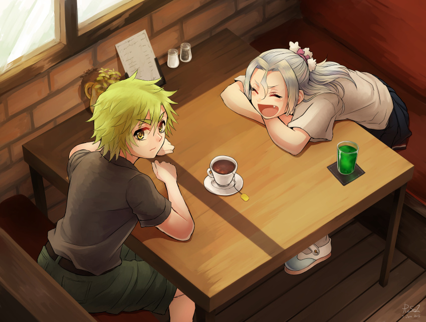2girls :d absurdres bangs belt black_belt black_shirt black_skirt blush booth brick_wall chin_rest closed_mouth commentary crossed_arms cup dated english_commentary eyes_closed fang from_above glass green_hair green_shorts grey_hair hair_between_eyes highres indoors light_frown looking_at_viewer menu multiple_girls napkin open_mouth original pepper_shaker pleated_skirt reef salt_shaker saucer shirt short_hair short_sleeves shorts signature sitting skirt smile tea teabag teacup white_shirt window wooden_floor yellow_eyes