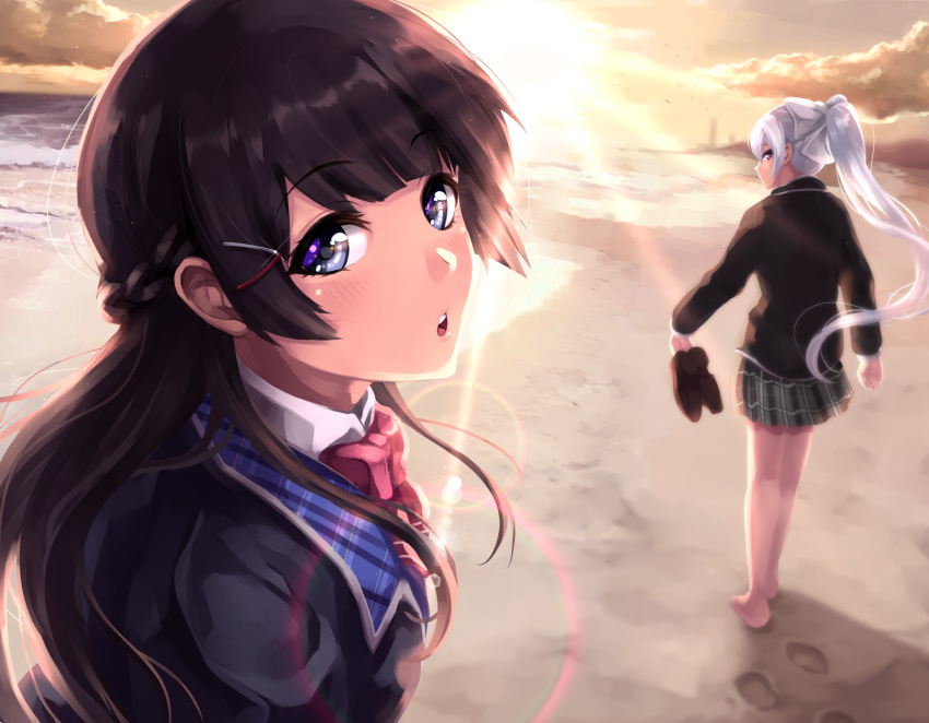 :o bare_legs barefoot beach black_hair blue_eyes cloud cloudy_sky commentary_request footprints from_behind from_side hair_ornament hairclip highres higuchi_kaede holding holding_shoes kneepits loafers looking_at_viewer multiple_girls nijisanji open_mouth plaid plaid_skirt ponytail profile sand school_uniform shoes silver_hair skirt sky sun tdnd-96 teeth tsukino_mito virtual_youtuber water