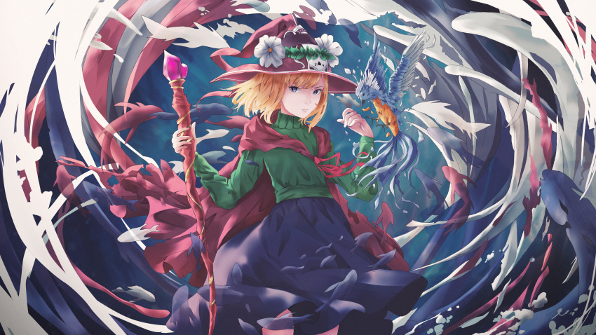 1girl absurdres animal bangs bird blonde_hair blue_skirt cape commentary commission cowboy_shot english_commentary fish flower flying_fish green_sweater hat hat_flower highres holding holding_staff huge_filesize long_sleeves looking_at_viewer medium_hair original purple_eyes red_cape red_hat red_ribbon ribbon skirt solo staff sweater turtleneck turtleneck_sweater valiantvalentine5 white_flower witch_hat