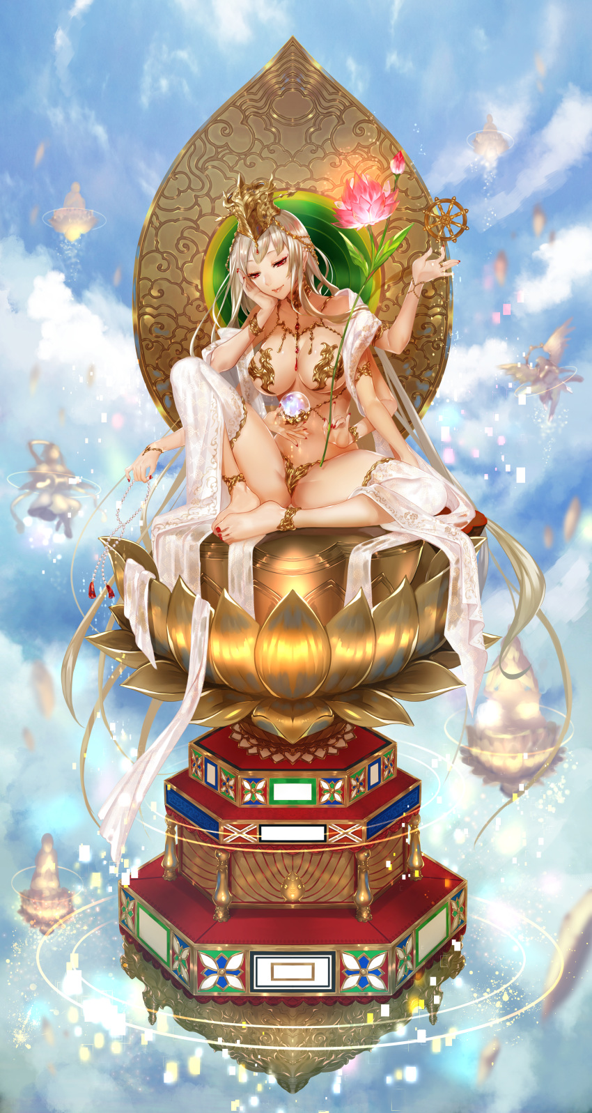 absurdres anklet apt bangs bare_arms bare_legs bare_shoulders barefoot beads blonde_hair blue_sky bodhisattva body_chain bracelet breasts buddhism chin_rest cloud commentary_request day feet_together fingernails floating flower gem gold_trim half-closed_eyes headgear highres holding huge_filesize jewelry large_breasts light_smile lips long_hair looking_at_viewer lotus lotus_pedestal multiple_hands mythology nail_polish navel original prayer_beads red_eyes red_nails revealing_clothes ring shawl sitting sky solo sphere statue toenails very_long_hair wheel_of_dharma