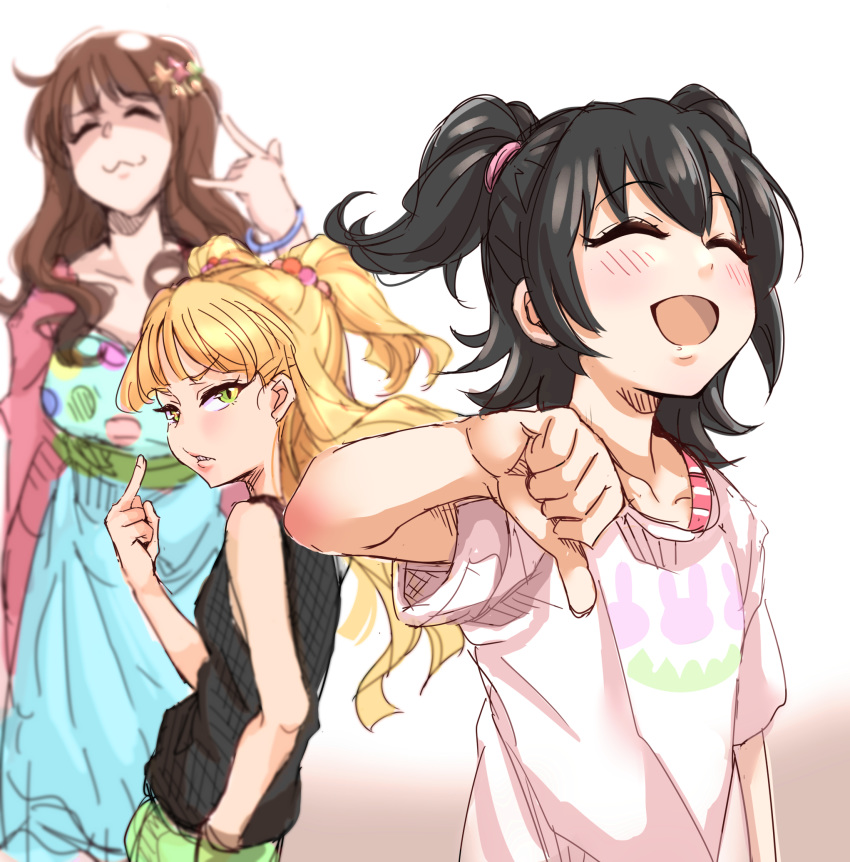 :3 :d \m/ ^_^ akagi_miria animal_print black_hair black_tank_top blonde_hair blurry blush brown_hair bunny_print closed_eyes commentary decoration_(idolmaster) depth_of_field hair_bobbles hair_ornament hair_tie highres idolmaster idolmaster_cinderella_girls jougasaki_rika middle_finger moroboshi_kirari multicolored multicolored_polka_dots multiple_girls open_mouth parted_lips polka_dot print_shirt shirt sketch smile tank_top tdnd-96 thumbs_down two_side_up