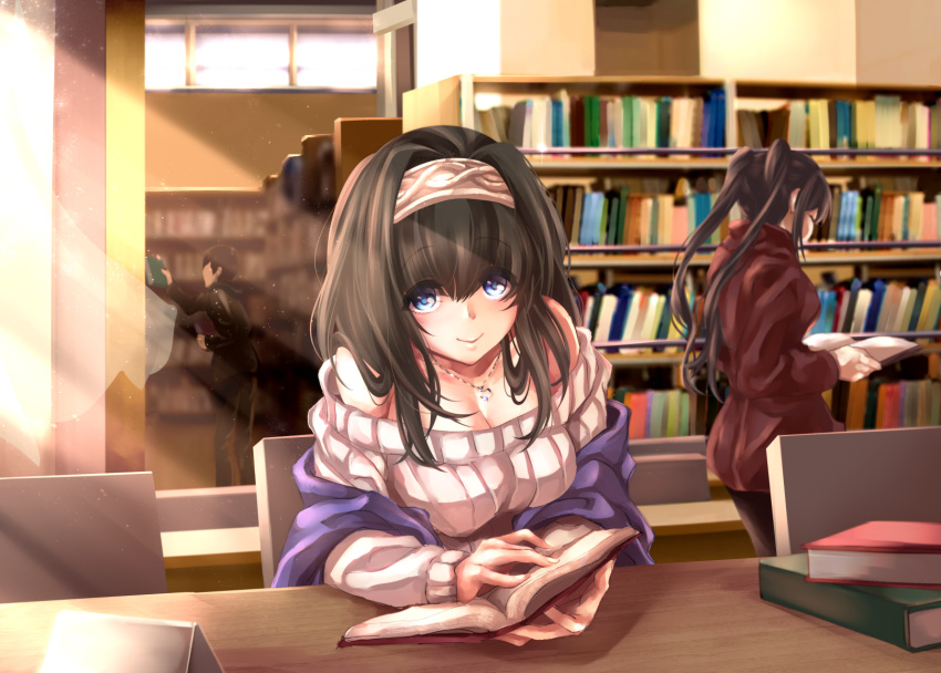 2girls book breasts chair cleavage commentary_request highres idolmaster idolmaster_cinderella_girls jewelry large_breasts library light_rays looking_at_viewer multiple_girls necklace off-shoulder_sweater open_book ribbed_sweater sagisawa_fumika shawl sitting standing sunbeam sunlight sweater table tdnd-96