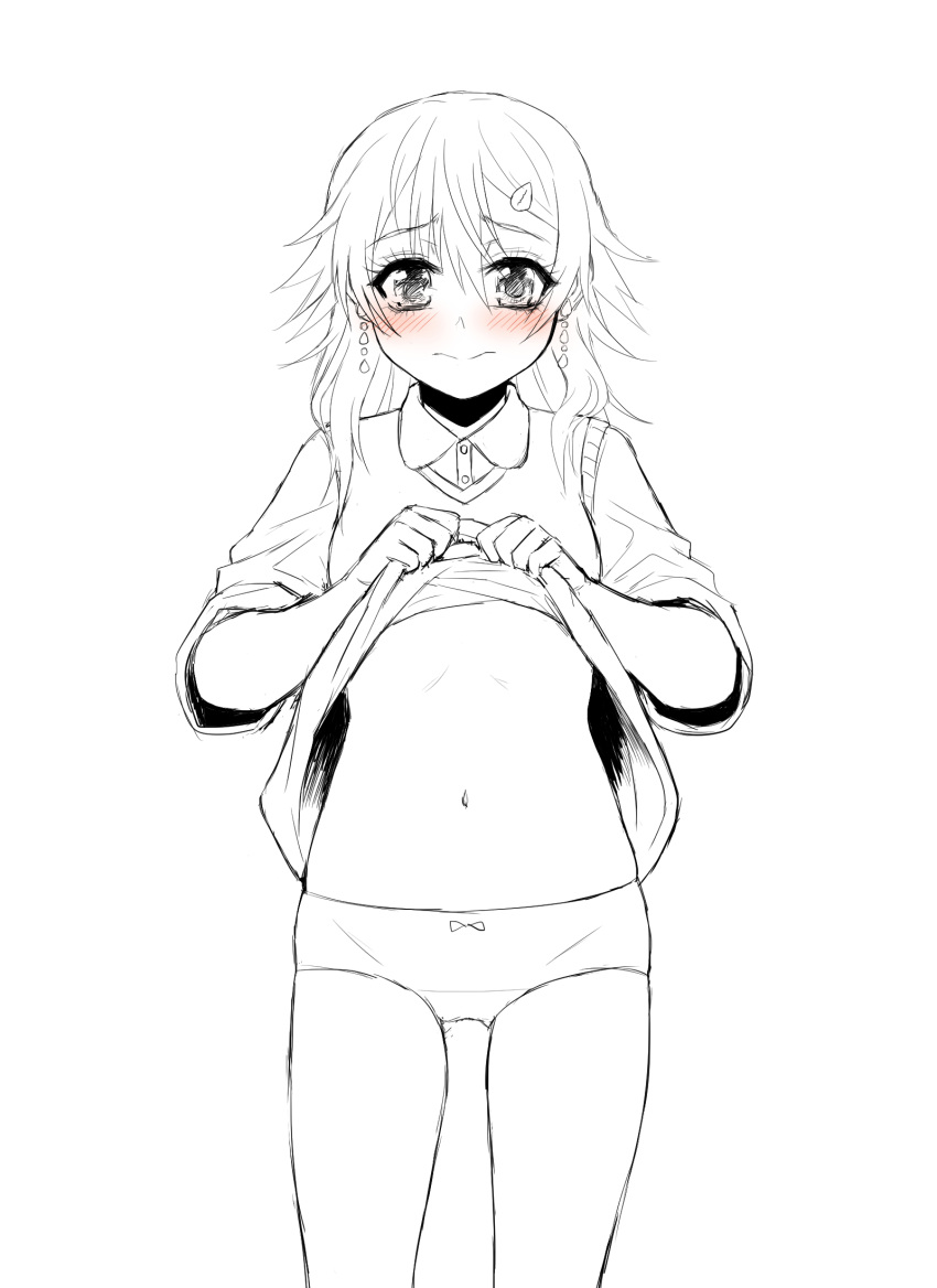 1girl bangs blush bow bow_panties closed_mouth collared_shirt commentary earrings english_commentary greyscale hair_between_eyes highres holding_shirt jewelry long_hair long_sleeves monochrome original panties reef shirt shirt_lift simple_background sleeves_pushed_up solo spot_color underwear vest