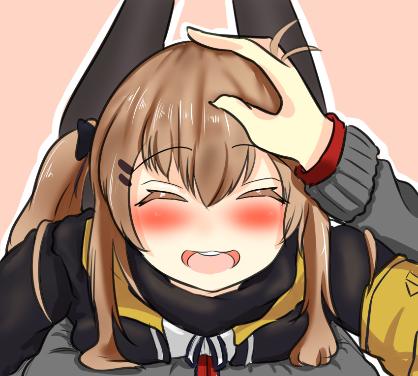 1girl abineko97 armband black_jacket black_ribbon blush breast_press breasts brown_hair closed_eyes collared_jacket commander commentary eyebrows_visible_through_hair feet_up girls_frontline hair_ornament hair_ribbon happy highres jacket looking_at_another lying lying_on_person open_mouth petting red_eyes ribbon scar scar_across_eye shirt smile teeth tongue ump9_(girls_frontline) white_shirt