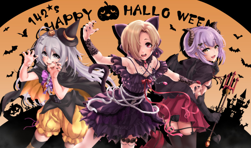 :d ahoge bat bat_hair_ornament black_cape black_gloves black_legwear black_nails blonde_hair bloomers brown_eyes cape castle cat claw_pose commentary_request demon_horns demon_tail fangs gem gloves grey_eyes group_name hair_ornament hair_over_one_eye halloween happy_halloween highres horns hoshi_shouko idolmaster idolmaster_cinderella_girls idolmaster_cinderella_girls_starlight_stage jack-o'-lantern jack-o'-lantern_hair_ornament kawaii_boku_to_142's koshimizu_sachiko long_hair looking_at_viewer multiple_girls nail_polish open_mouth orange_background pina_korata pleated_skirt polearm purple_hair red_eyes red_skirt shirasaka_koume short_hair silhouette silver_hair skirt skull_necklace smile tail tdnd-96 thighhighs tombstone trident underwear weapon wrist_flower yellow_bloomers