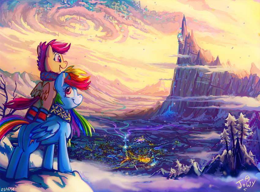 2018 canterlot cloudsdale duo equine female friendship_is_magic glowing jowybean landscape mammal mountain my_little_pony pegasus ponyville rainbow_dash_(mlp) scarf scootaloo_(mlp) snow tree wings