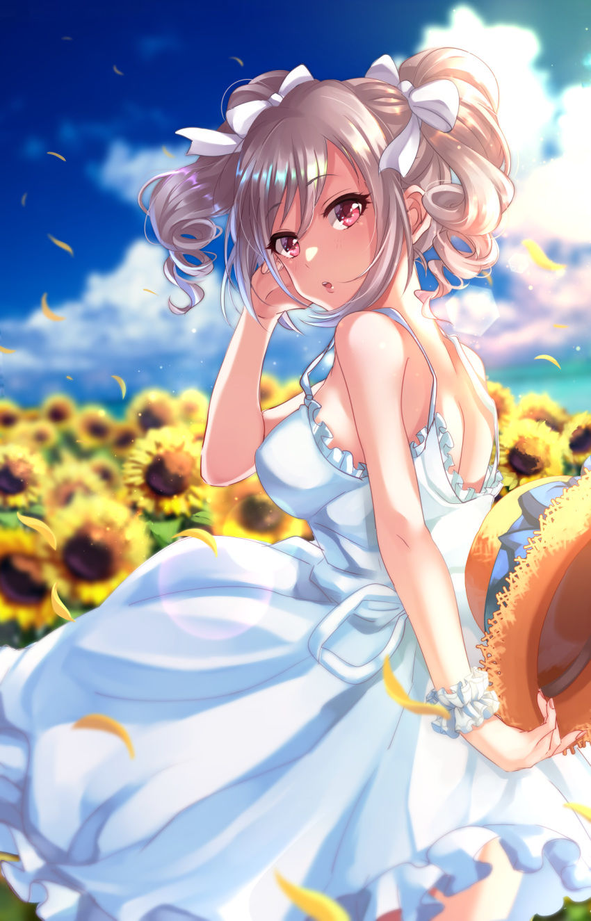 :o back blurry bow breasts cloud commentary_request day depth_of_field dress drill_hair field floating_hair flower flower_field frilled_dress frills from_side hair_bow hair_ribbon hat hat_removed headwear_removed highres holding holding_hat idolmaster idolmaster_cinderella_girls kanzaki_ranko looking_at_viewer looking_back medium_breasts petals red_eyes ribbon scrunchie silver_hair sky solo straw_hat sundress sunflower sunflower_petals tdnd-96 twin_drills twintails white_bow white_dress white_ribbon wind wind_lift wrist_scrunchie