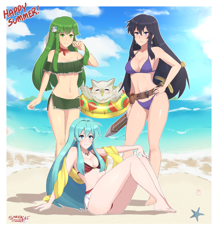 3girls absurdres aira_(fire_emblem) aqua_hair beach bikini bird black_hair blush breasts cleavage eirika feh_(fire_emblem_heroes) fire_emblem fire_emblem:_monshou_no_nazo fire_emblem:_seima_no_kouseki fire_emblem:_seisen_no_keifu fire_emblem_heroes full_body green_eyes green_hair headband highres long_hair looking_at_viewer medium_breasts multiple_girls navel owl paola sarukaiwolf sitting smile standing swimsuit sword weapon