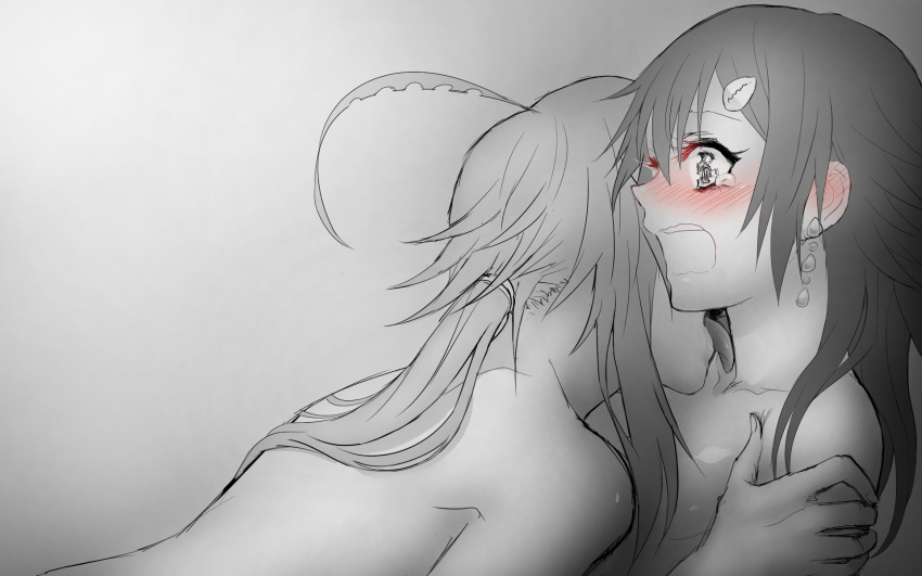 2girls ahoge blush crying crying_with_eyes_open ear_blush earrings greyscale hand_on_another's_shoulder highres jewelry licking long_hair monochrome multiple_girls neck_licking nose_blush nude open_mouth original reef tears wavy_mouth yuri