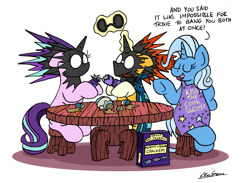 2018 apron bobthedalek christmas_cracker clothing cup dialogue english_text equine eyewear female friendship_is_magic glasses group horn male mammal my_little_pony soot starlight_glimmer_(mlp) sunburst_(mlp) table tea_cup teapot text trixie_(mlp) unicorn