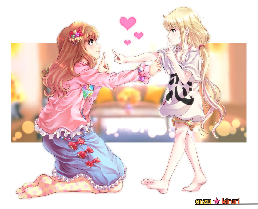 :3 absurdres barefoot beads blonde_hair blouse bow character_name clothes_writing commentary_request from_side futaba_anzu hair_ornament hair_tie highres idolmaster idolmaster_cinderella_girls kneehighs kneeling koi_dance long_hair low_twintails moroboshi_kirari multicolored multicolored_polka_dots multiple_girls no_shoes pink_blouse polka_dot polka_dot_legwear profile red_bow shirt standing star star_hair_ornament sweatdrop t-shirt tdnd-96 twintails very_long_hair white_shirt yellow_eyes