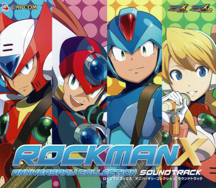 3boys album_cover alia_(rockman) android armor artist_request axl blonde_hair blue_eyes brown_hair capcom closed_mouth company_name copyright_name cover gloves green_eyes headgear helmet highres holding long_hair looking_at_viewer microphone multiple_boys official_art open_mouth robot_ears rockman rockman_x scar smile teeth text_focus white_gloves x_(rockman) zero_(rockman)