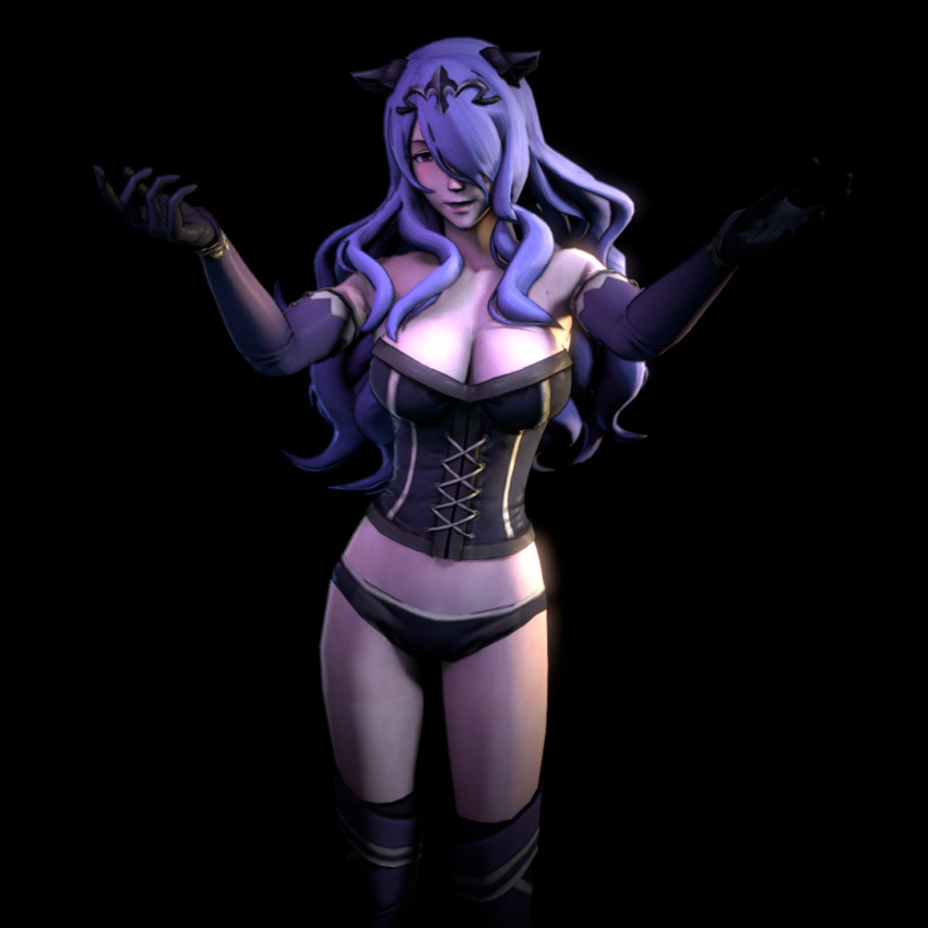 10s 1girl 3d arms_up bare_shoulders black_background black_boots black_gloves black_panties boots breasts camilla_(fire_emblem_if) cleavage corset covering_one_eye elbow_gloves female fire_emblem fire_emblem_if fire_emblem_musou gloves hair_over_one_eye large_breasts long_hair looking_at_viewer nintendo outstretched_arms panties purple_eyes purple_hair simple_background smile solo standing underwear