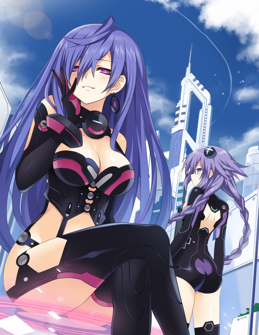 ass back_cutout bare_shoulders blue_eyes blue_hair blue_sky blush breasts cleavage cleavage_cutout crossed_legs day earrings elbow_gloves expressionless from_behind gloves grin hair_between_eyes hair_ornament hand_on_own_cheek highres iris_heart jewelry kami_jigen_game_neptune_v leotard long_hair looking_at_viewer looking_back medium_breasts multiple_girls neptune_(series) outdoors pink_eyes power_symbol purple_hair purple_heart sitting sky smile symbol-shaped_pupils thighhighs thighs twintails very_long_hair zero_(ray_0805)